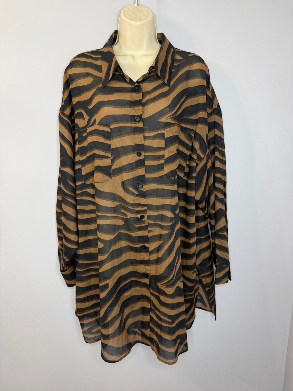 Marina Renaldi Sheer Oversized Zebra Print button-down Shirt Tunic Cotton Sz 18